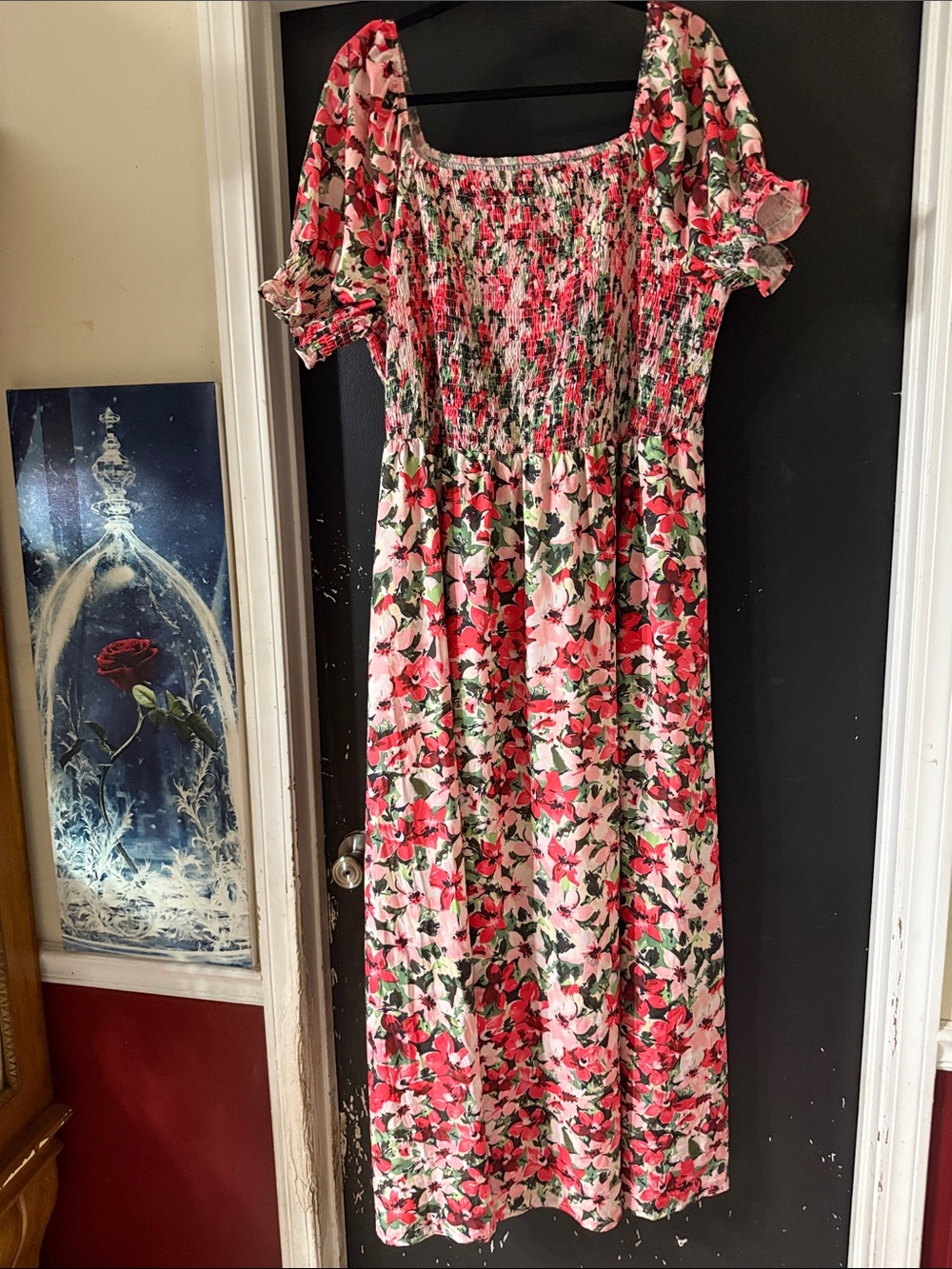 Floral Smocked Midi Dress in Pink & Green